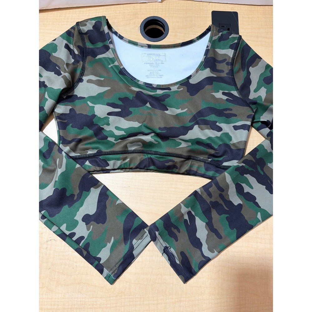Bazi Womens Camo Long Sleeve Crop‎ Top Green Woodland Camouflage Athletic Small